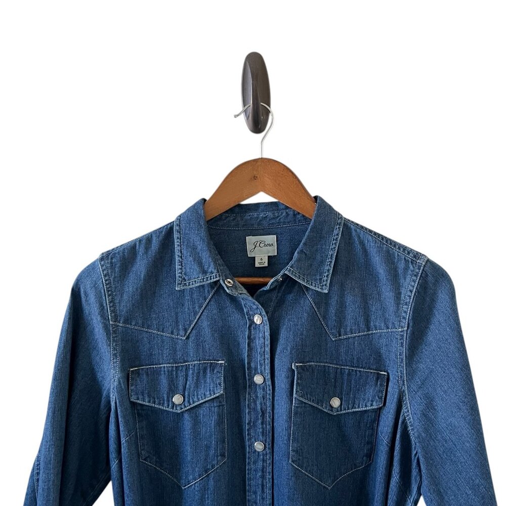 J Crew Denim Pearl Snap Western Style Shirtdress With Tie Belt Size 6 - Picture 4 of 14